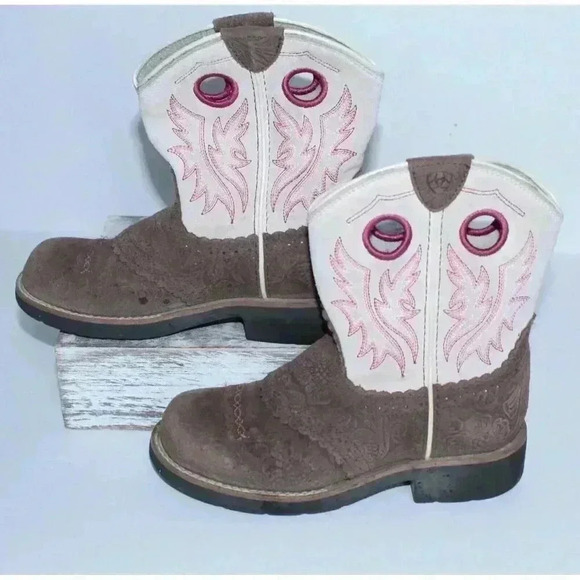Ariat Cowgirl Boots Pink Brown Embroidered Leather Size 1.5 Teen Fatboy Style - Picture 6 of 11